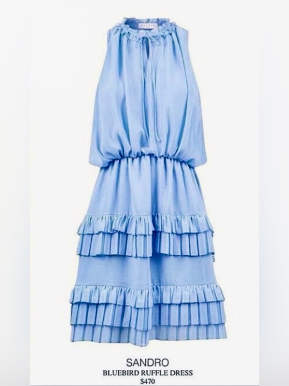 Sandro Bluebird Ruffle Tiered Chiffon Halter Tie Neck Mini Dress Periwinkle Blue